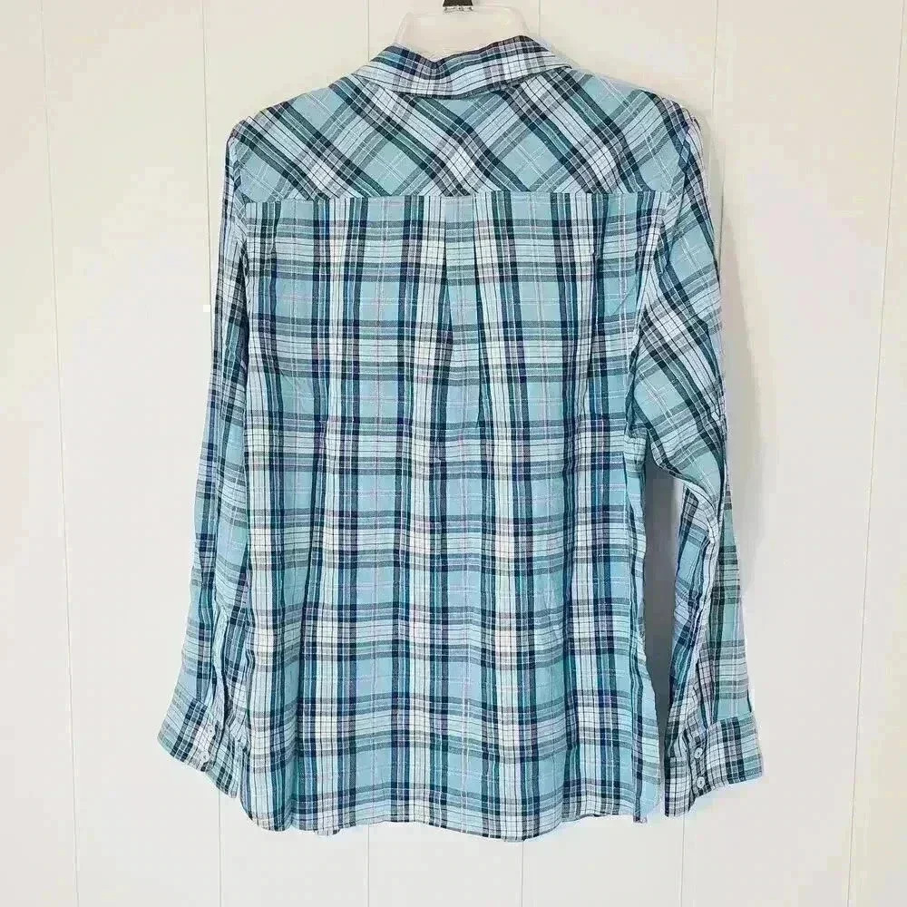 Talbots Petite NWT Teal Plaid Metallic Lightweight Button-Up Shirt Size Medium - Picture 6 of 7